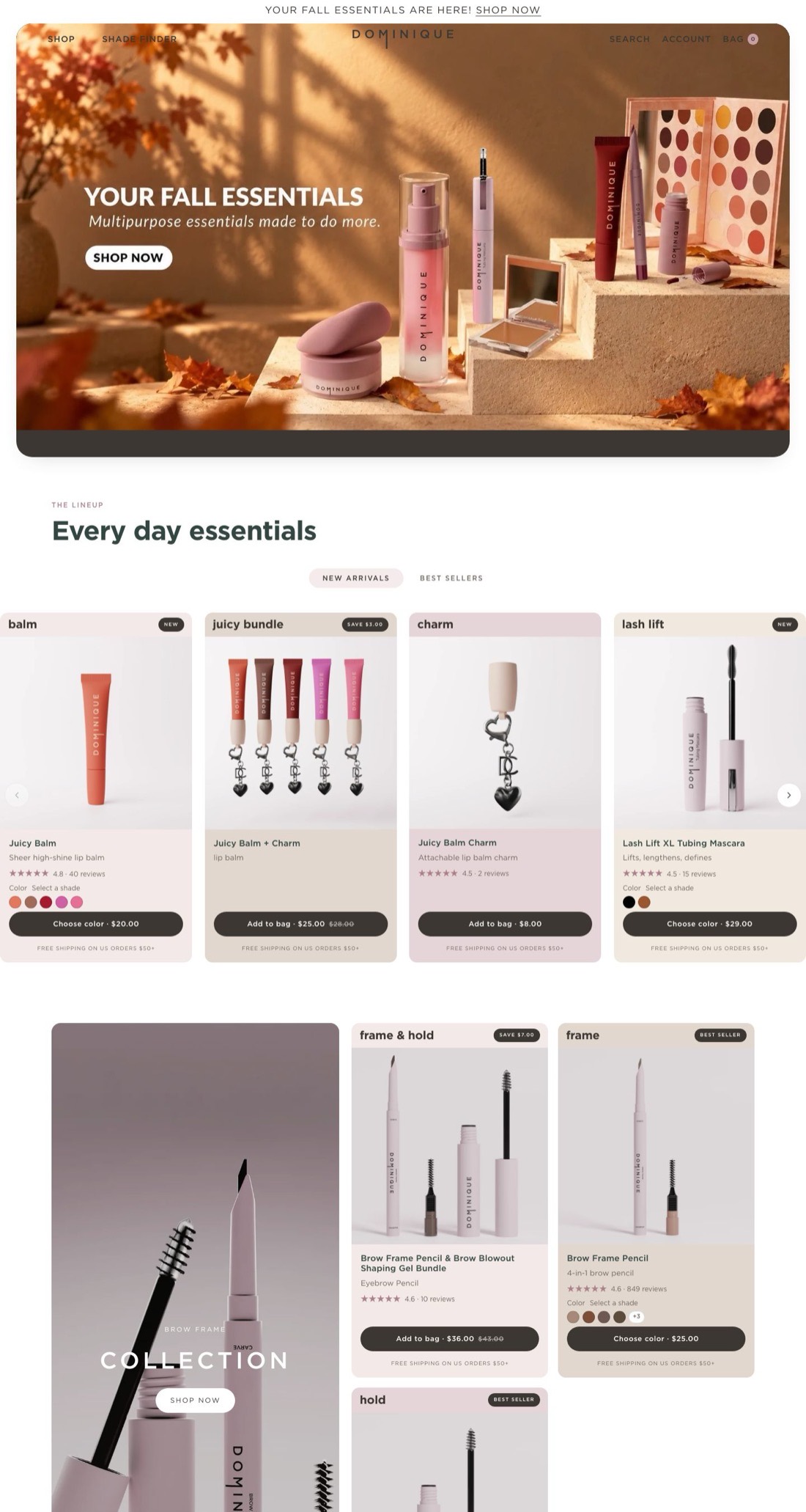 The redesigned Dominique Cosmetics homepage on desktop