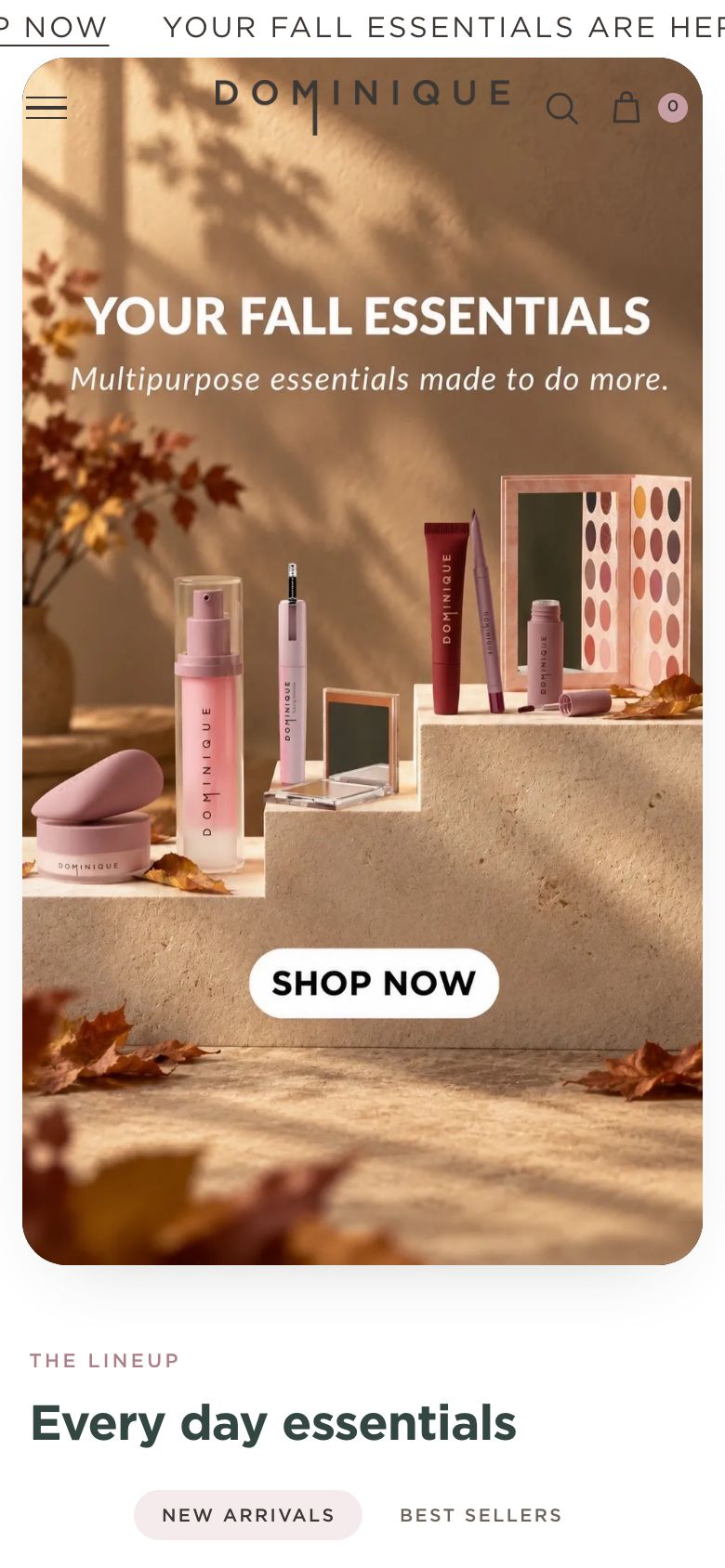 The Dominique Cosmetics homepage on mobile