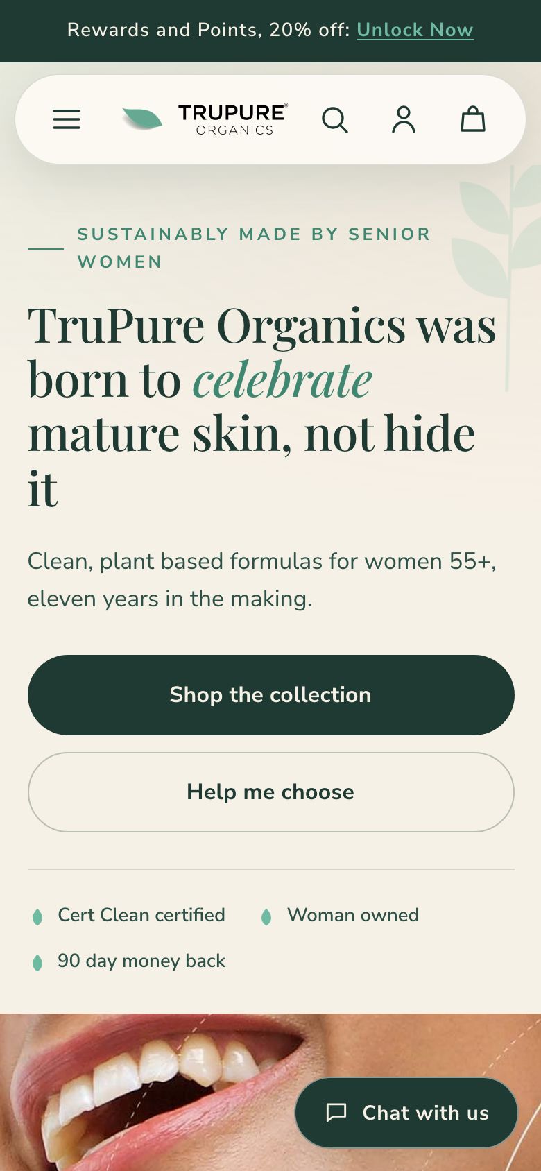 The TruPure Organics homepage redesign on mobile